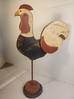 Folk Art Wooden Rooster Figurine Handmade Hand Painted Primitive Farmhouse 20.5"